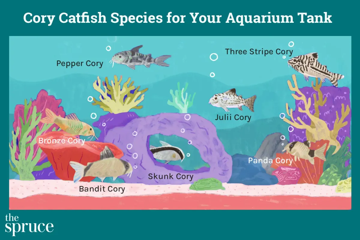 Illustration showing the different cory catfish species for your aquarium