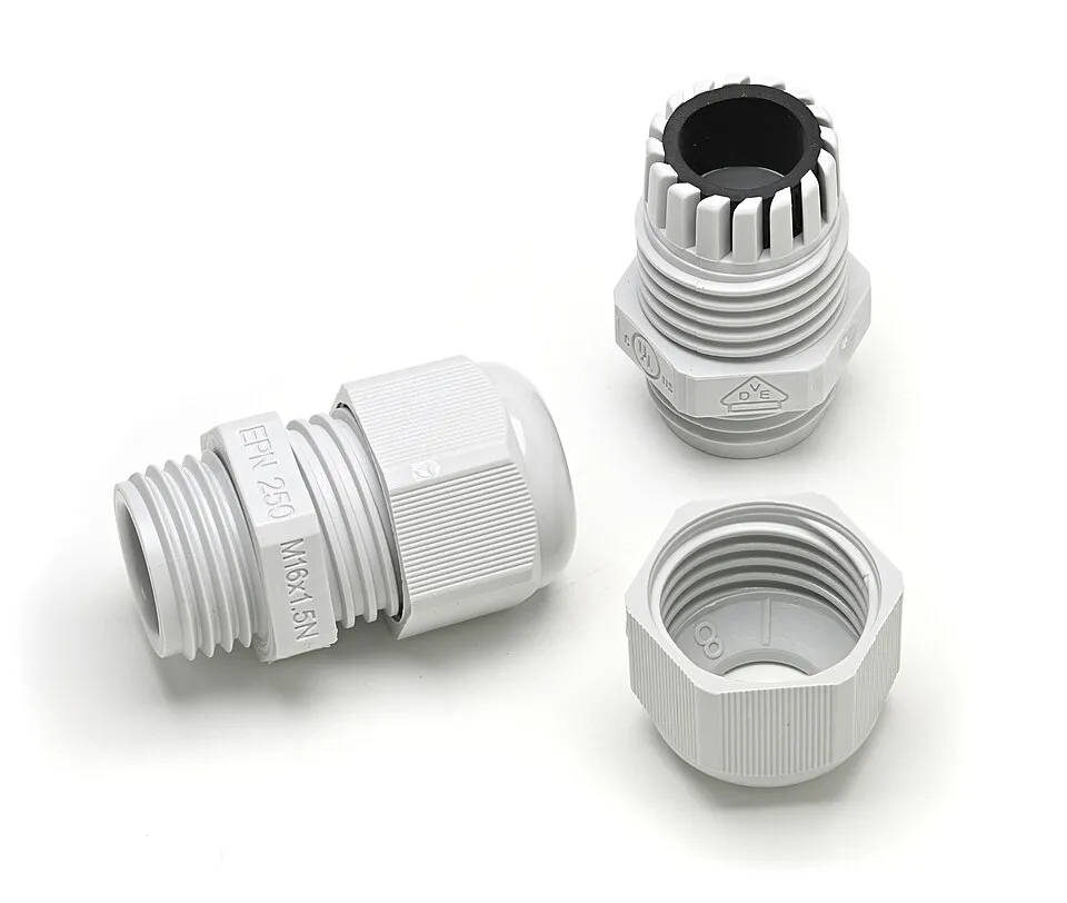Ốc siết cáp nhựa trắng ren M, tháo rời từng bộ phận.